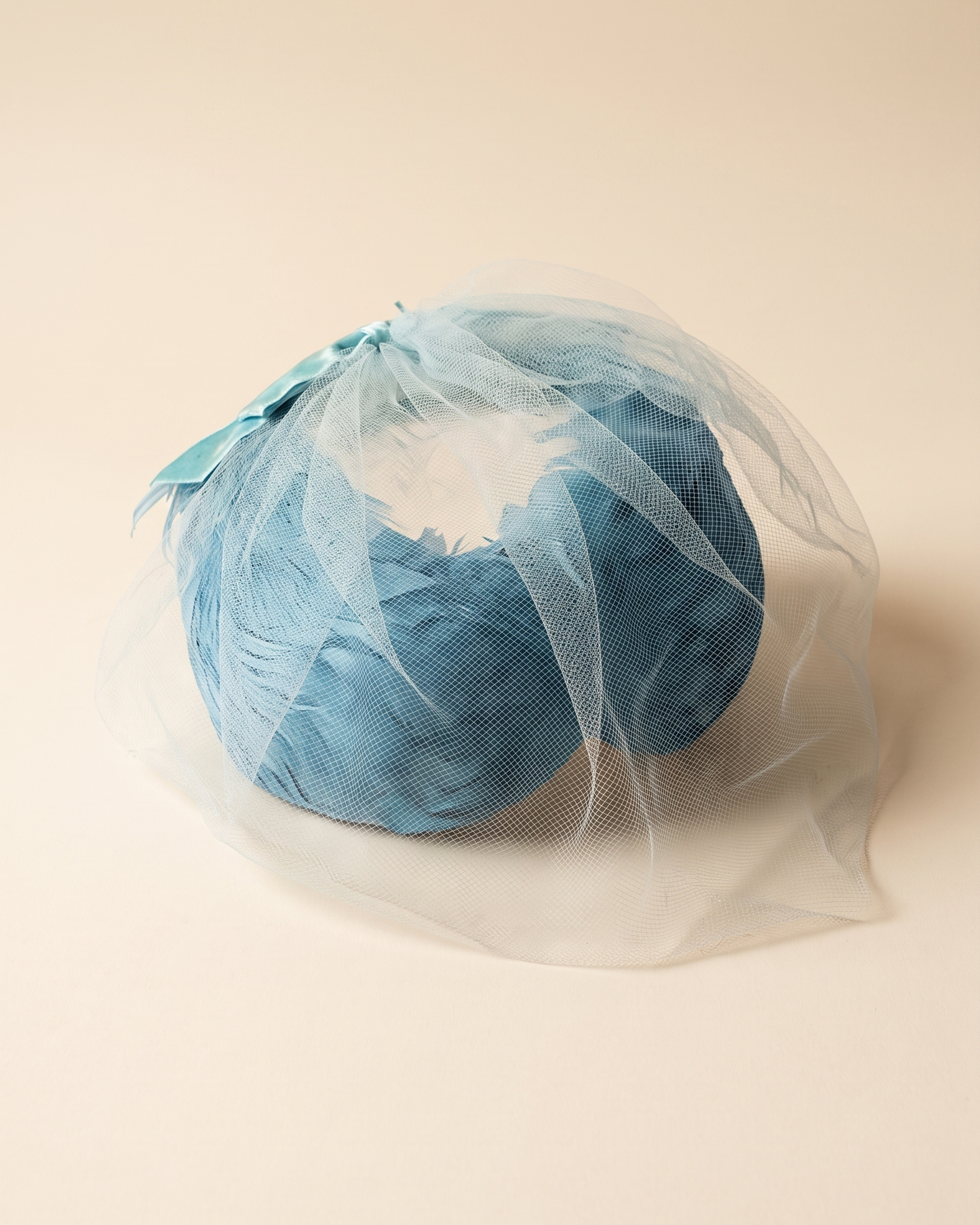 Vintage 1950s Turquoise Blue Feather Cocktail Hat Pale Blue Face Veil Women's Mid Century Formal Millinery