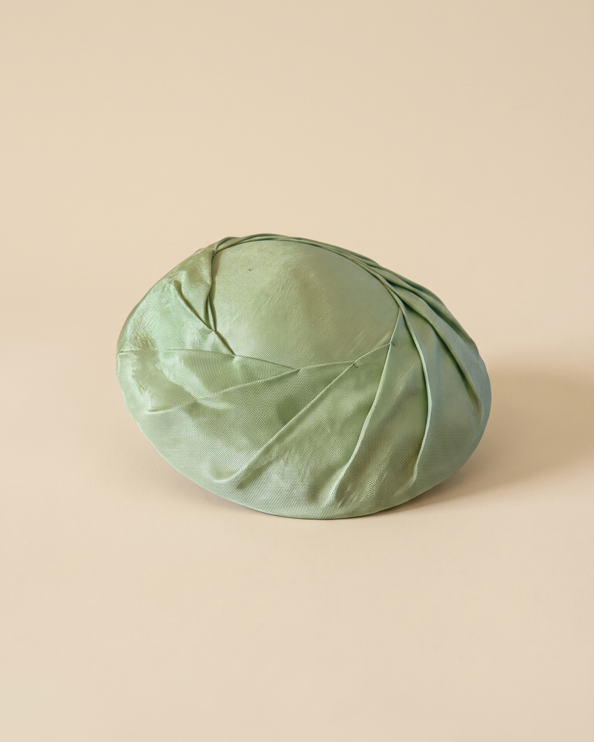 Vintage 1950s Pale Sage Green Satin Cartwheel Hat Wide Brim Sculptural Pleated Women's Mid Century Millinery