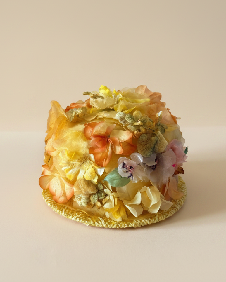 Vintage 1960s Mr M Originals Yellow Floral Hat Silk Flower Covered Straw Brim Women's Spring Garden Party Millinery