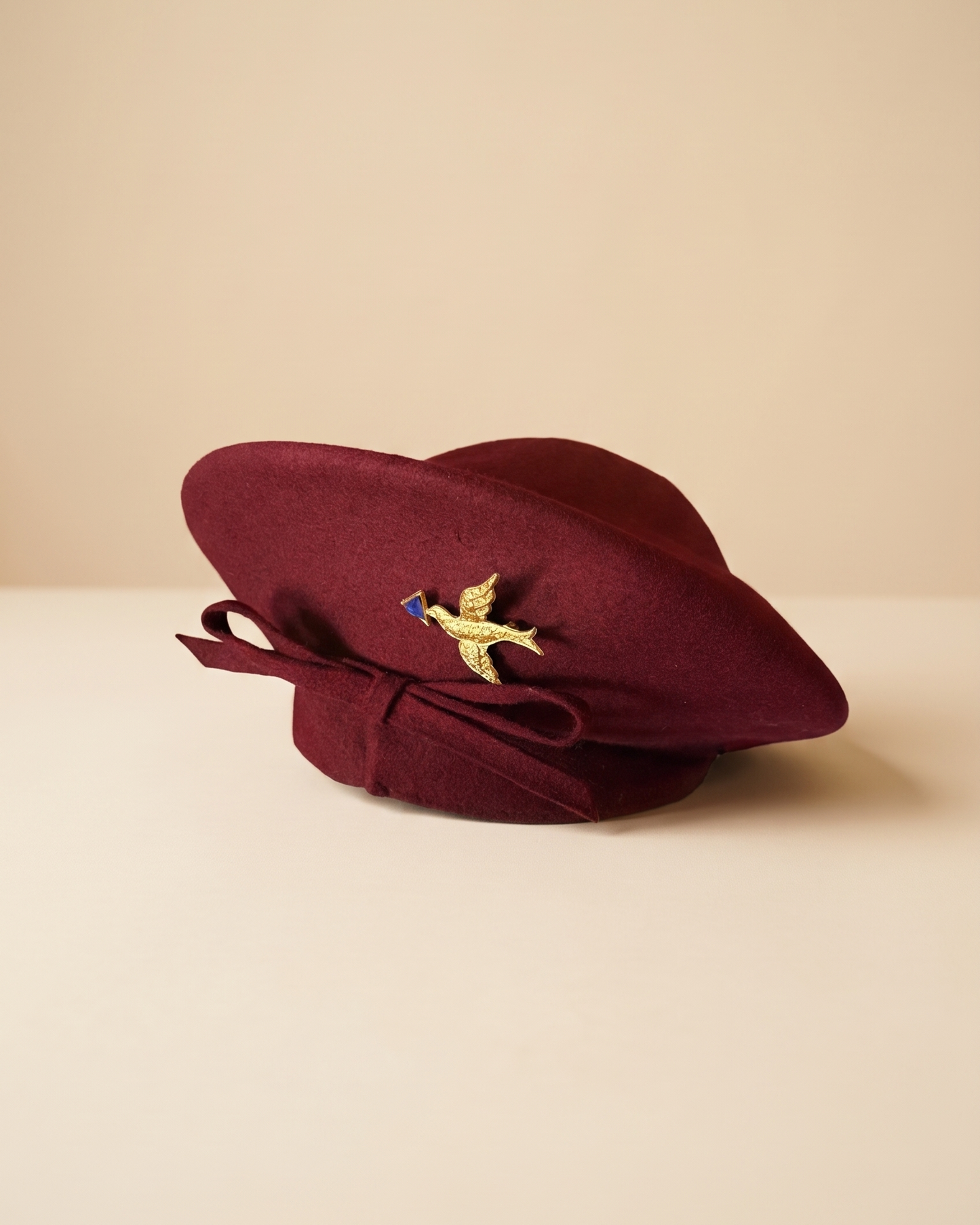 Vintage 1940s Burgundy Wool Felt Tilt Hat Gold Bird Brooch Bow Wine Red Women's WWII Era Sculptural Millinery