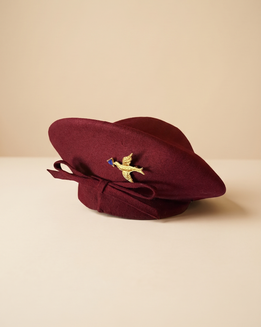 Vintage 1940s Burgundy Wool Felt Tilt Hat Gold Bird Brooch Bow Wine Red Women's WWII Era Sculptural Millinery