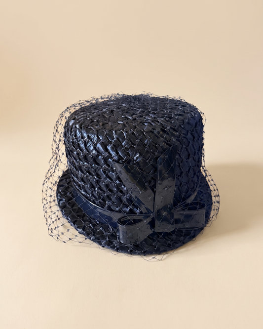 Vintage 1960s Dark Navy Straw Bucket Hat Patent Bow Navy Veil Women's Mod Cocktail Hat Mid Century Millinery