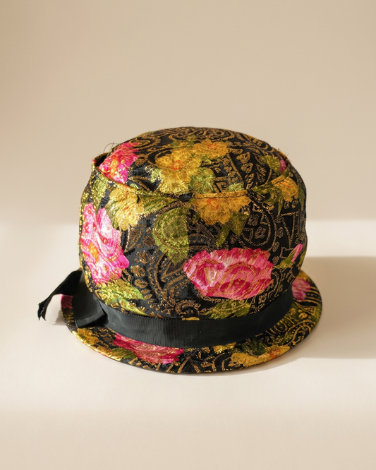 Vintage 1960s Carol Black Gold Brocade Fedora Hat Pink Roses Metallic Floral Jacquard Women's Mid Century Millinery