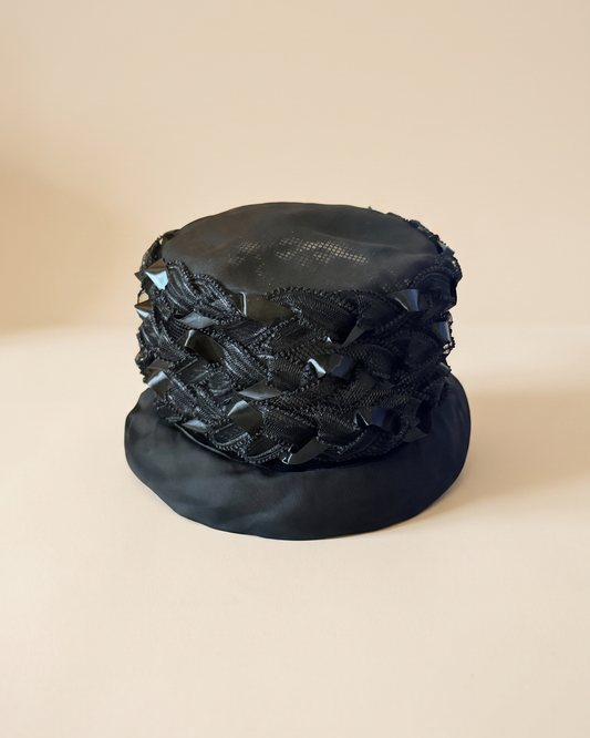 Vintage 1950s Black Lace Hat Satin Ribbon Woven Crown Wide Brim Women's Mid Century Cocktail Church Hat