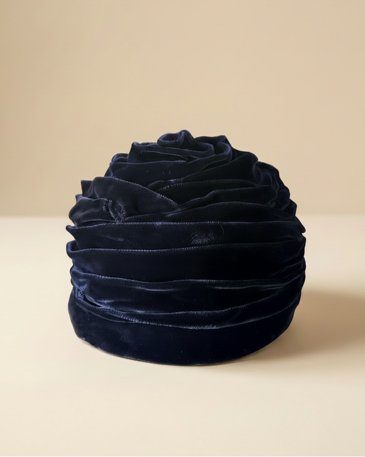 Vintage 1960s Dark Navy Blue Velvet Turban Hat Sculptural Draped Ribbon Toque Women's Mid Century Union Made Millinery