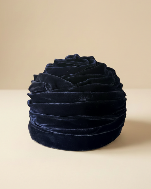 Vintage 1960s Dark Navy Blue Velvet Turban Hat Sculptural Draped Ribbon Toque Women's Mid Century Union Made Millinery