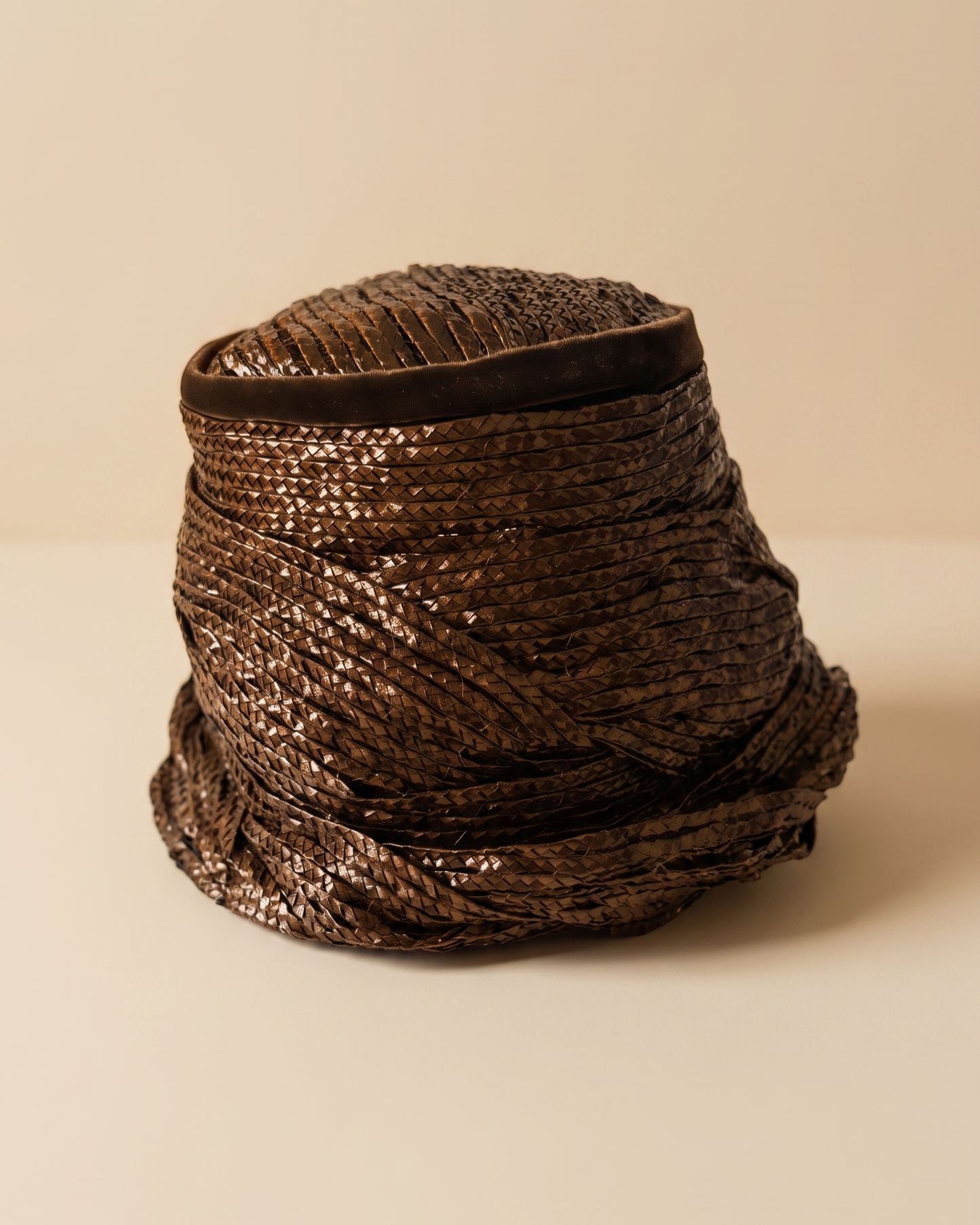 Vintage 1960s Dana Marte Bronze Brown Woven Straw Toque Hat Sculptural Draped High Crown Women's Mod Millinery