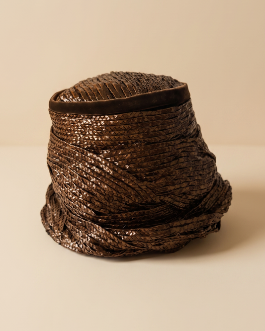 Vintage 1960s Dana Marte Bronze Brown Woven Straw Toque Hat Sculptural Draped High Crown Women's Mod Millinery