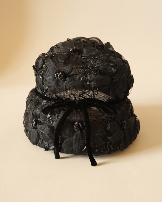 Vintage 1950s Pinehurst Black Floral Lace Cocktail Hat Velvet Bow High Crown Women's Formal Evening Millinery