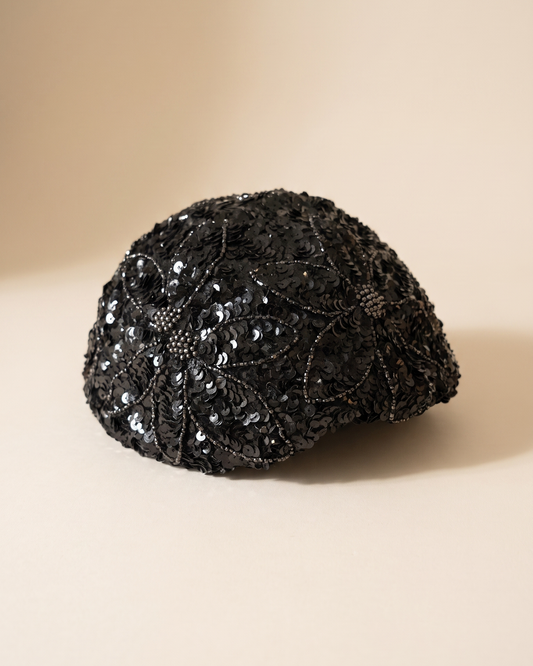 Vintage 1950s Lora Black Sequin Beaded Cocktail Hat Floral Leaf Design Women's Half Hat Evening Formal Mid Century Millinery