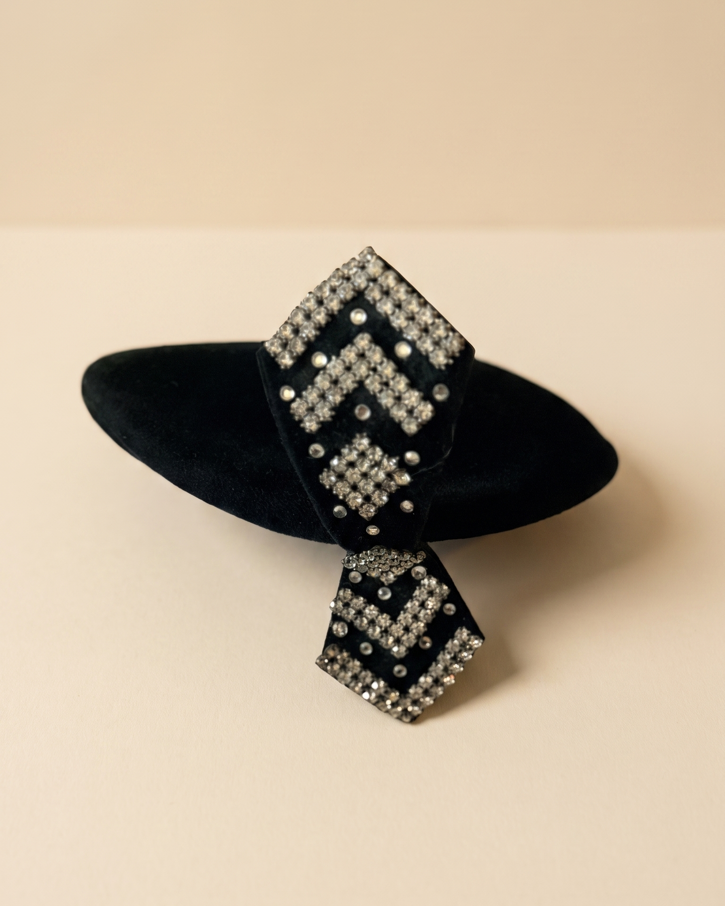 Vintage 1950s Wilshire Black Felt Tilt Hat Rhinestone Bow Women's Cocktail Hat Mid Century Designer Millinery