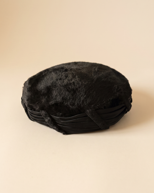 Vintage 1950s Duchess Black Velour Hat Reproduction of Paulette Paris Pleated Satin Women's Cocktail Hat French Designer Millinery