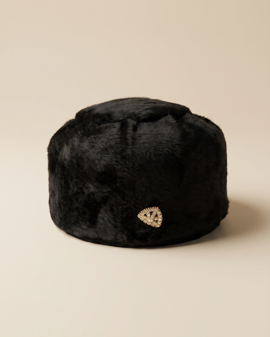 Vintage 1960s Black Faux Fur Pillbox Hat Rhinestone Brooch Junior Dress Shop Women's Mid Century Winter Hat