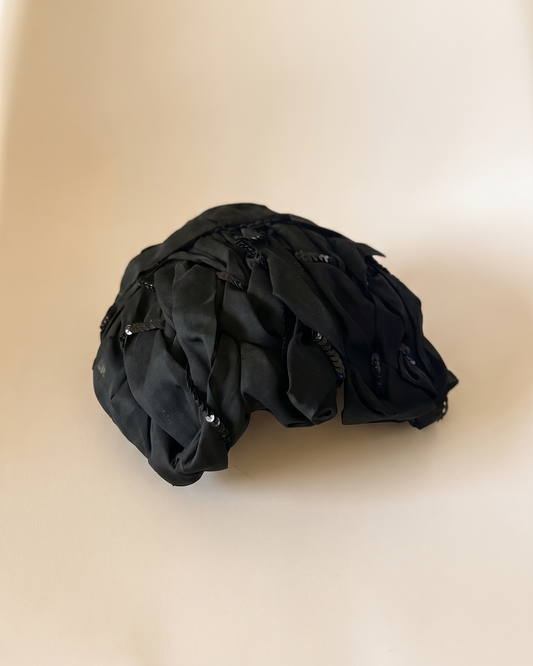 Vintage 1950s Black Silk Organza Cocktail Hat Black Sequins Sculptural Half Hat Women's Mid Century Evening Millinery