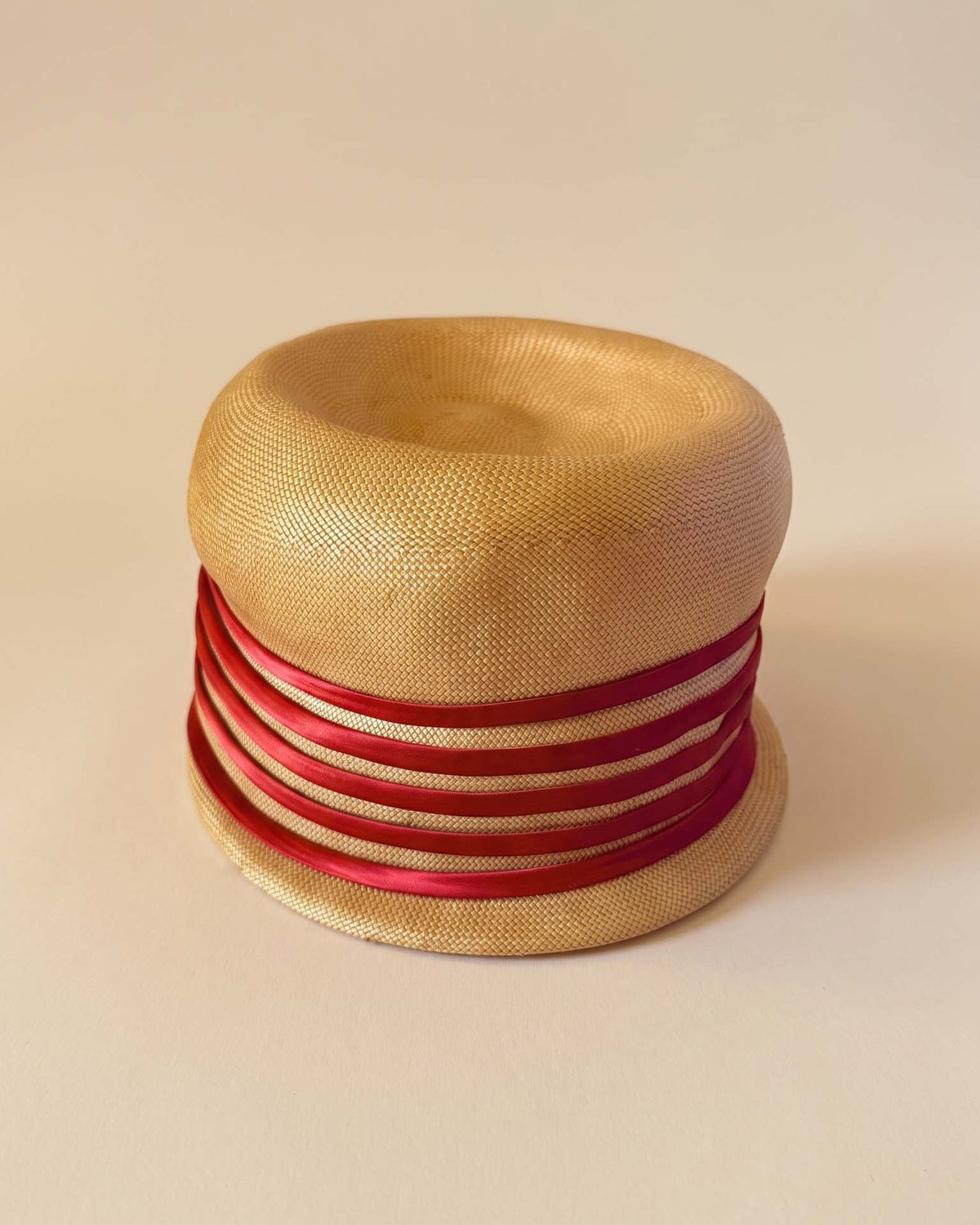 Vintage 1960s Valerie Modes Natural Straw Cloche Hat Red Satin Ribbon Trim Women's Mod Summer Hat