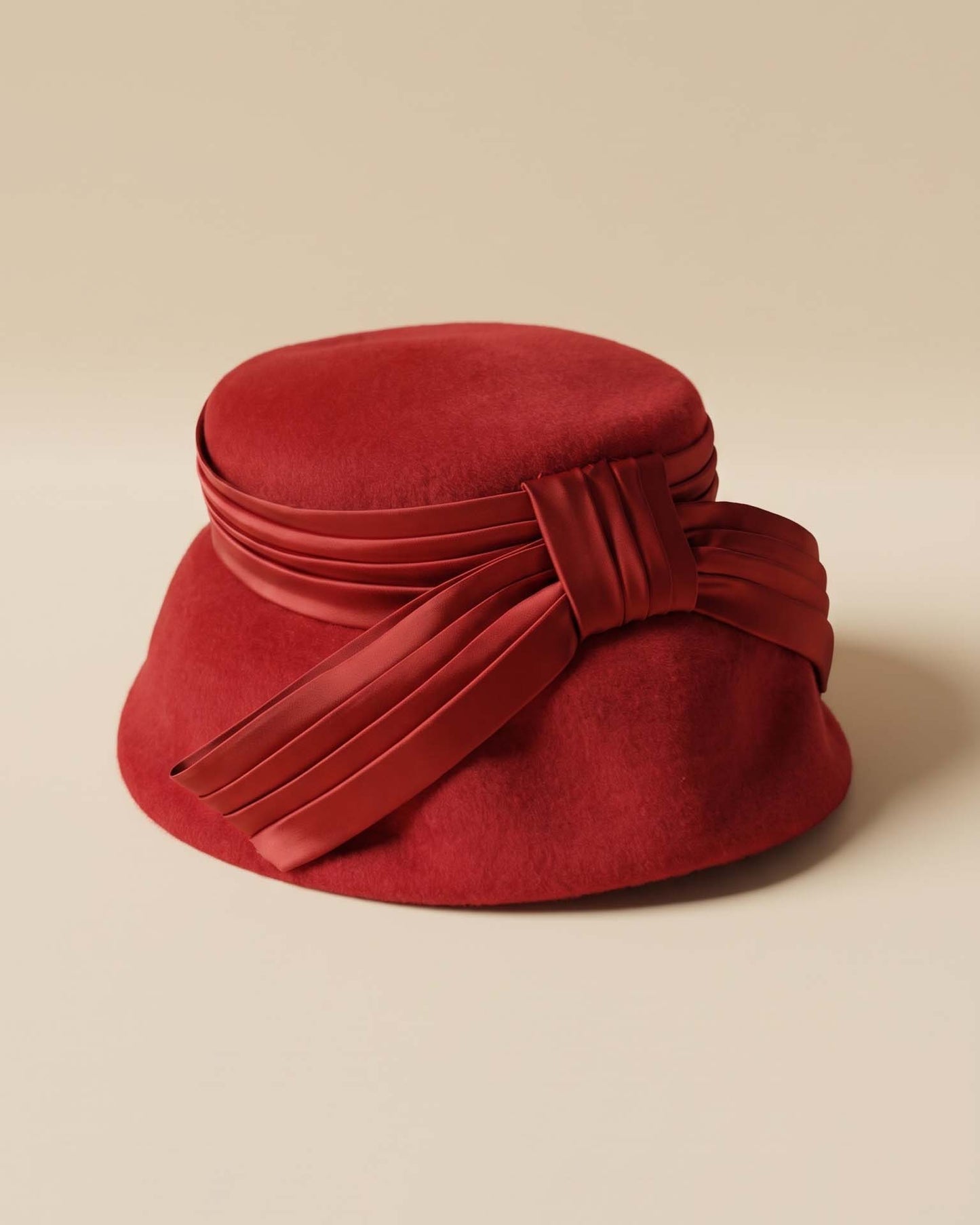 Vintage 1960s Red Wool Felt Cloche Hat Pleated Satin Bow Trim Women's Mid Century Mod Winter Hat