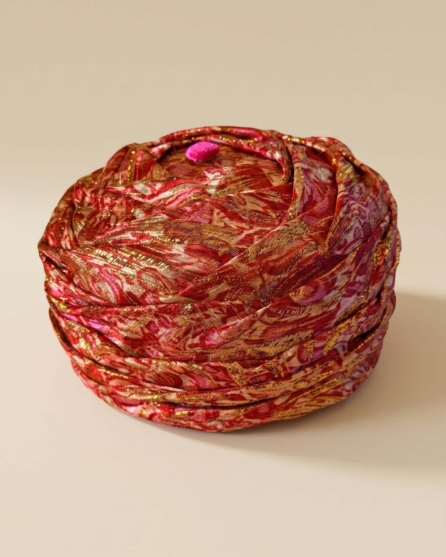 Vintage 1960s Pink Red Gold Brocade Turban Hat Draped Lurex Cocktail Hat Women's Mod Evening Millinery