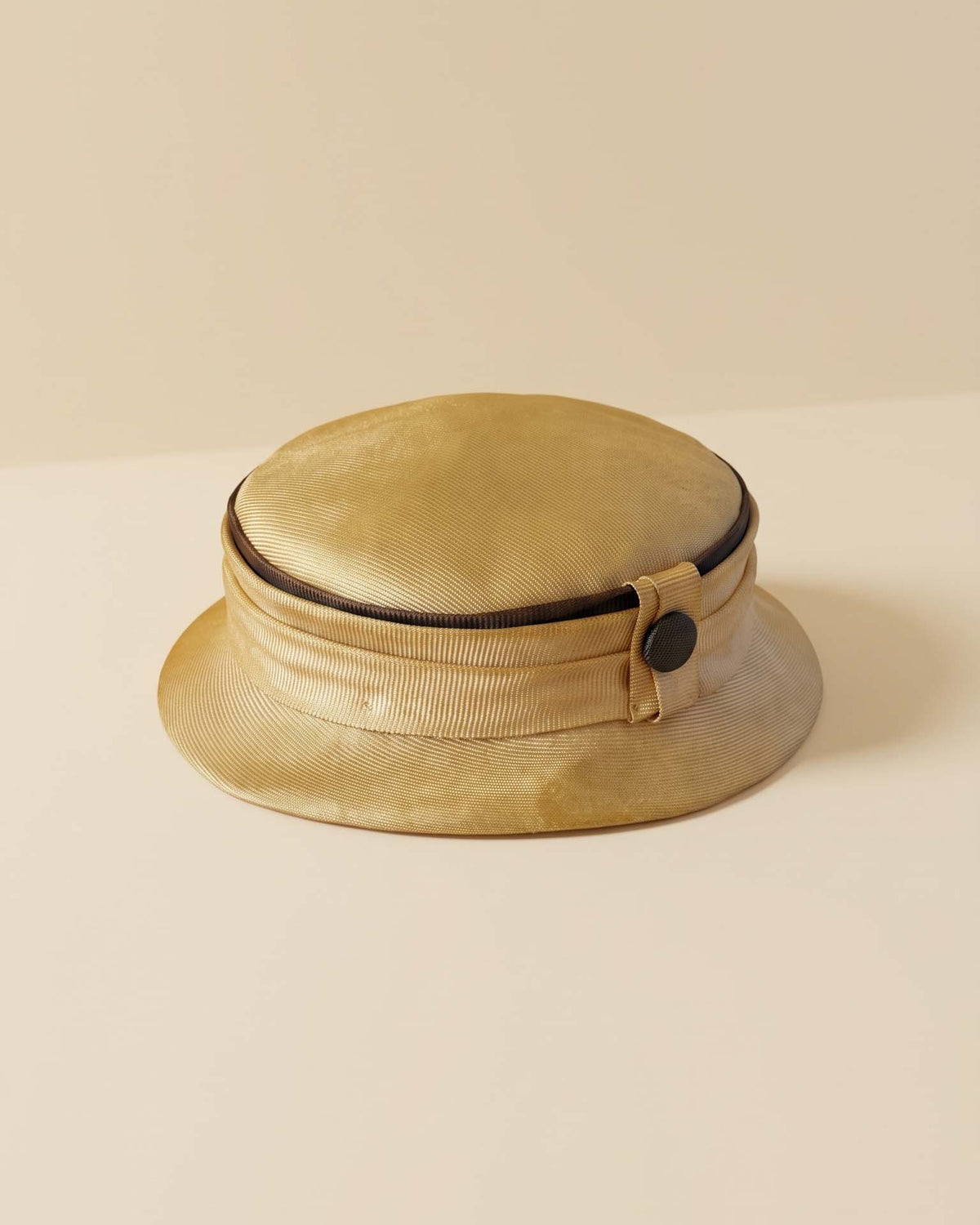 Vintage 1960s Champagne Gold Satin Breton Hat Black Grosgrain Trim Button Women's Mod Mid Century Hat