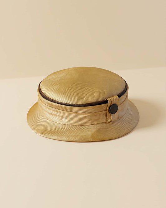 Vintage 1960s Champagne Gold Satin Breton Hat Black Grosgrain Trim Button Women's Mod Mid Century Hat