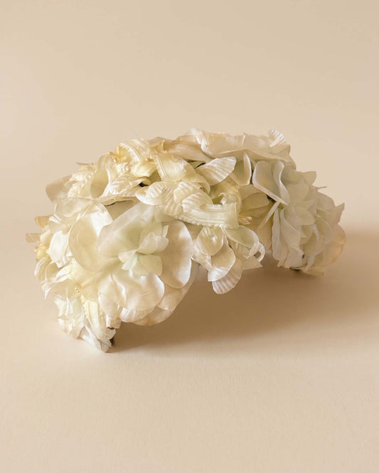 Vintage 1950s Ivory Floral Half Hat Satin Flowers Green Velvet Frame Bridal Wedding Cocktail Women's Mid Century Millinery