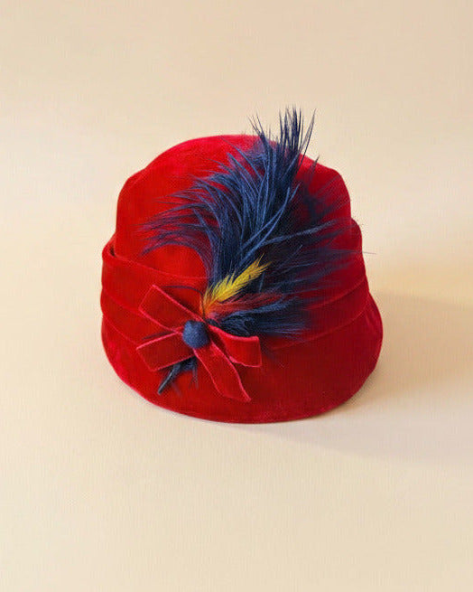 Vintage 1940s Red Velvet Tilt Hat Navy Blue Feather Plume Bow Women's WWII Era Millinery