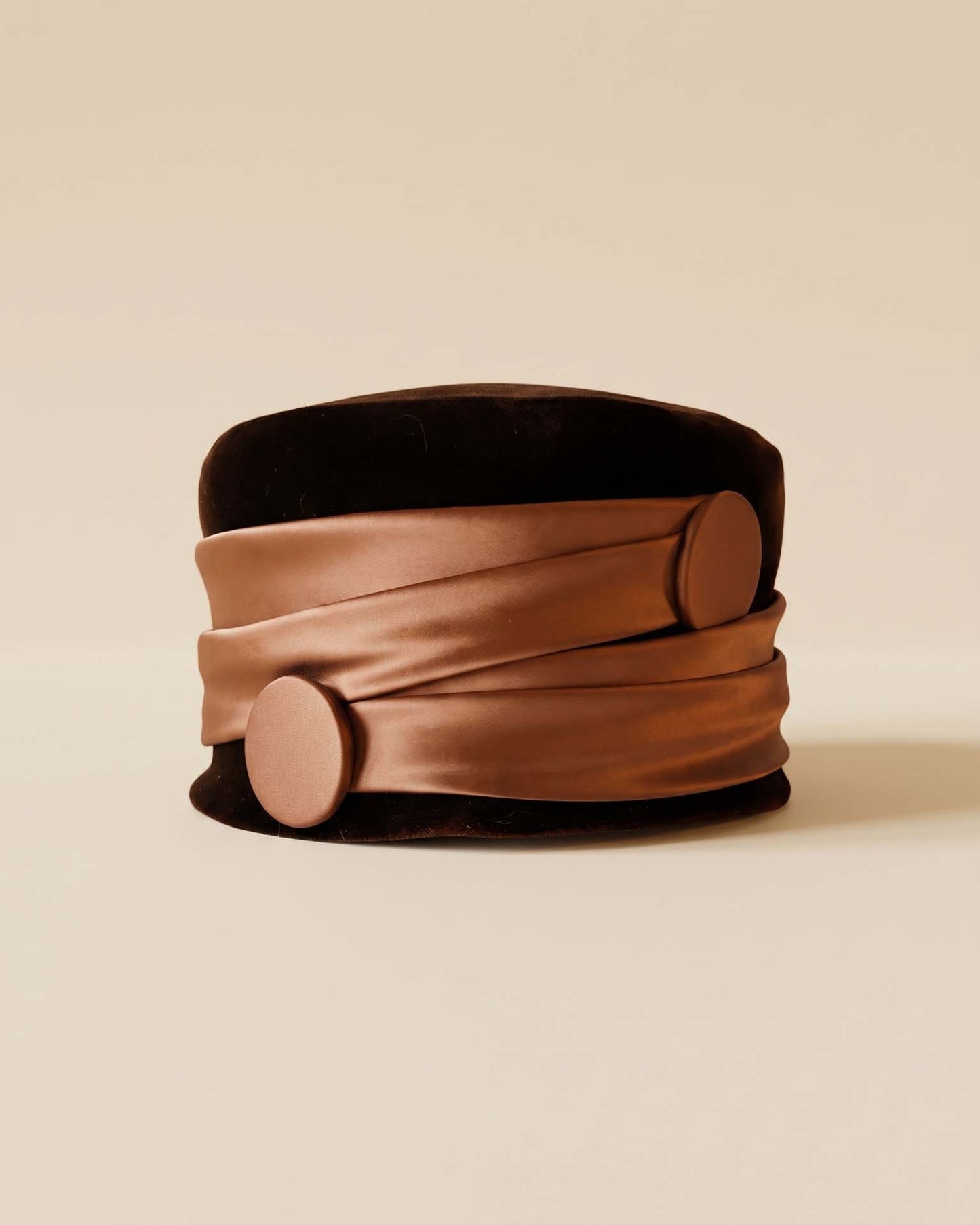 Vintage 1950s Julie Kay Chicago Brown Velvet Pillbox Hat Copper Satin Draped Ribbon Button Trim Women's Mid Century Millinery