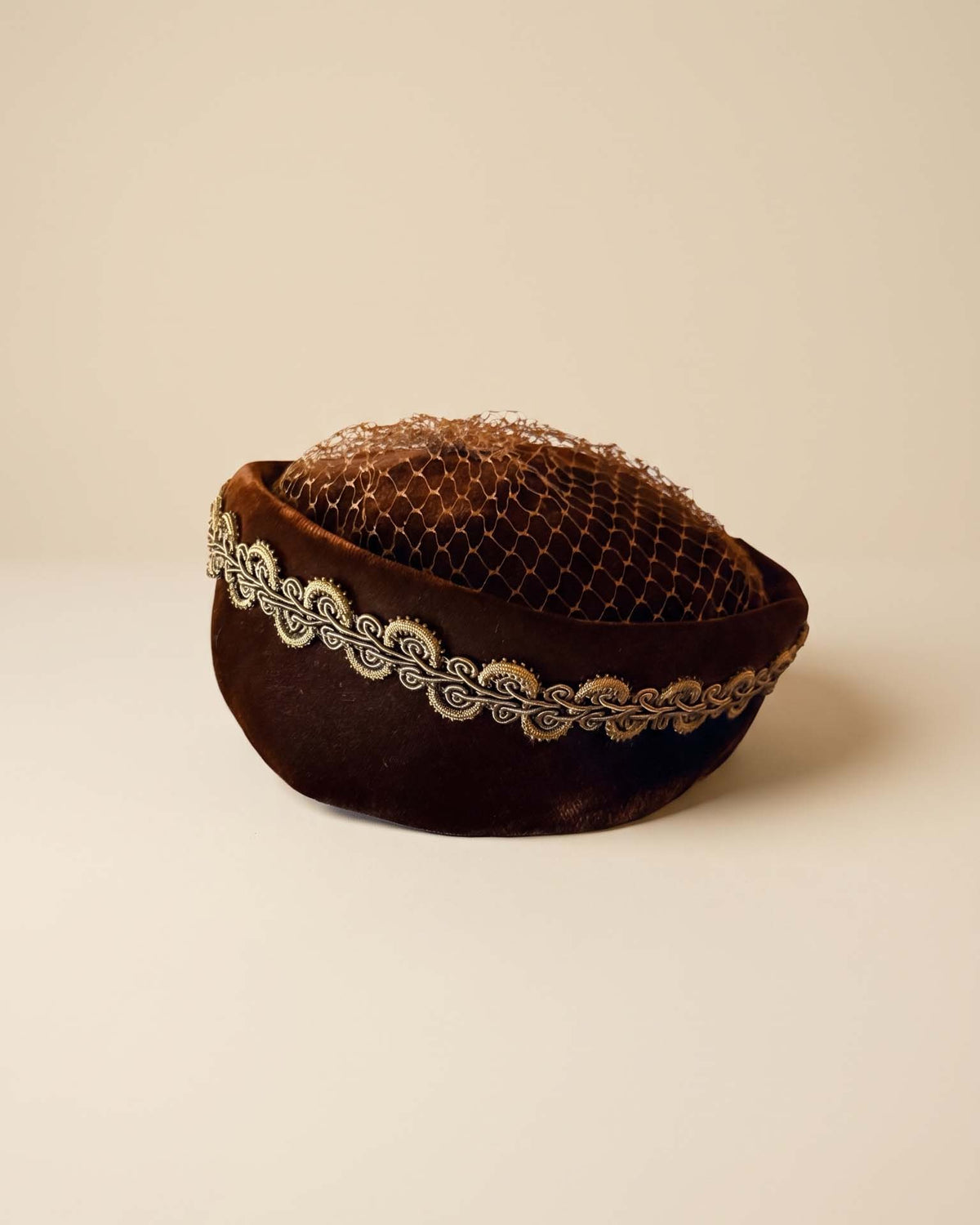 Vintage 1950s Dark Brown Velvet Pillbox Hat Gold Soutache Braid Brown Netting Women's Mid Century Cocktail Hat