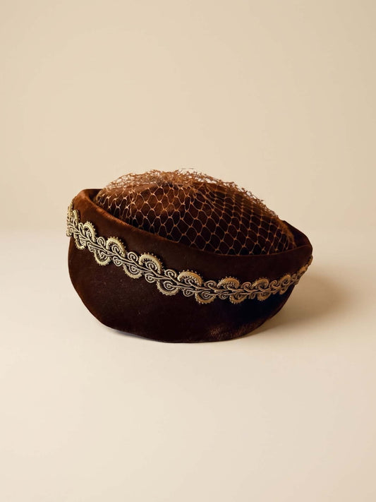 Vintage 1950s Dark Brown Velvet Pillbox Hat Gold Soutache Braid Brown Netting Women's Mid Century Cocktail Hat