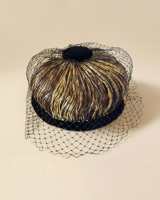 Vintage 1950s Gold Brown Straw Pillbox Hat Black Velvet Birdcage Veil Women's Mid Century Cocktail Hat