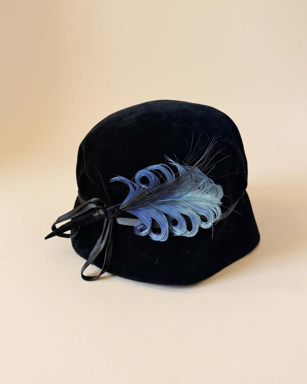 Vintage 1940s Flechet Blue Black Velour Felt Hat Blue Feather Trim Made in France Women's French Millinery