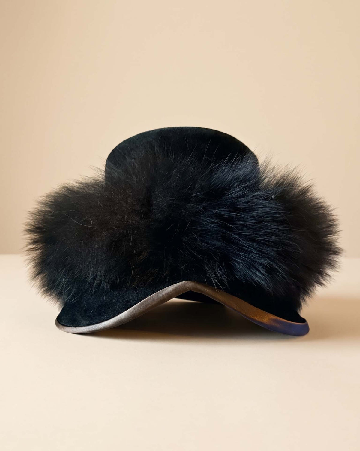 Vintage 1950s Black Fur Felt Hat Black Faux Fur Trim Sculpted Brim Nellie Mae Antiques Women's Mid Century Millinery