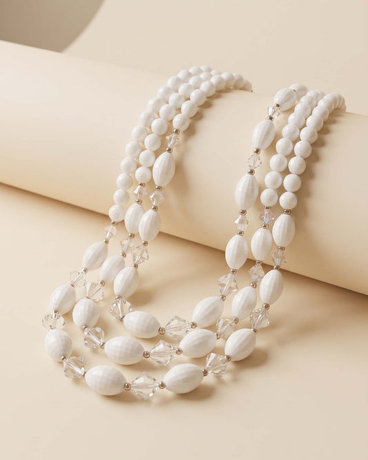Vintage 1960s White Faceted Bead Necklace Aurora Borealis Crystal Triple Strand Mid Century Mod Costume Jewelry