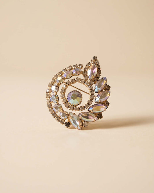 Vintage 1950s Aurora Borealis Rhinestone Brooch Iridescent Crystal Marquise Round Stones Swirl Mid Century Costume Jewelry