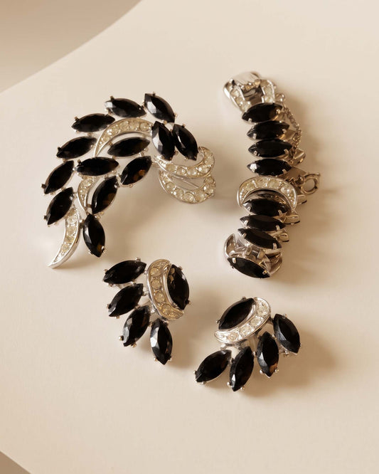 Vintage Lisner Black Rhinestone Jewelry Set Brooch Bracelet Clip On Earrings Silver Tone Mid Century Costume Jewelry Demi Parure