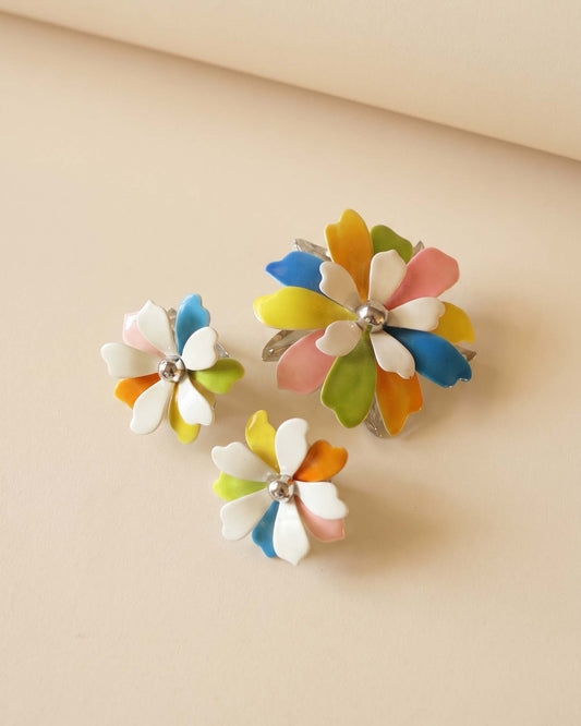 Vintage Sarah Coventry Flower Brooch Earrings Set Multicolor Enamel Mod 1960s 1970s Flower Power Costume Jewelry