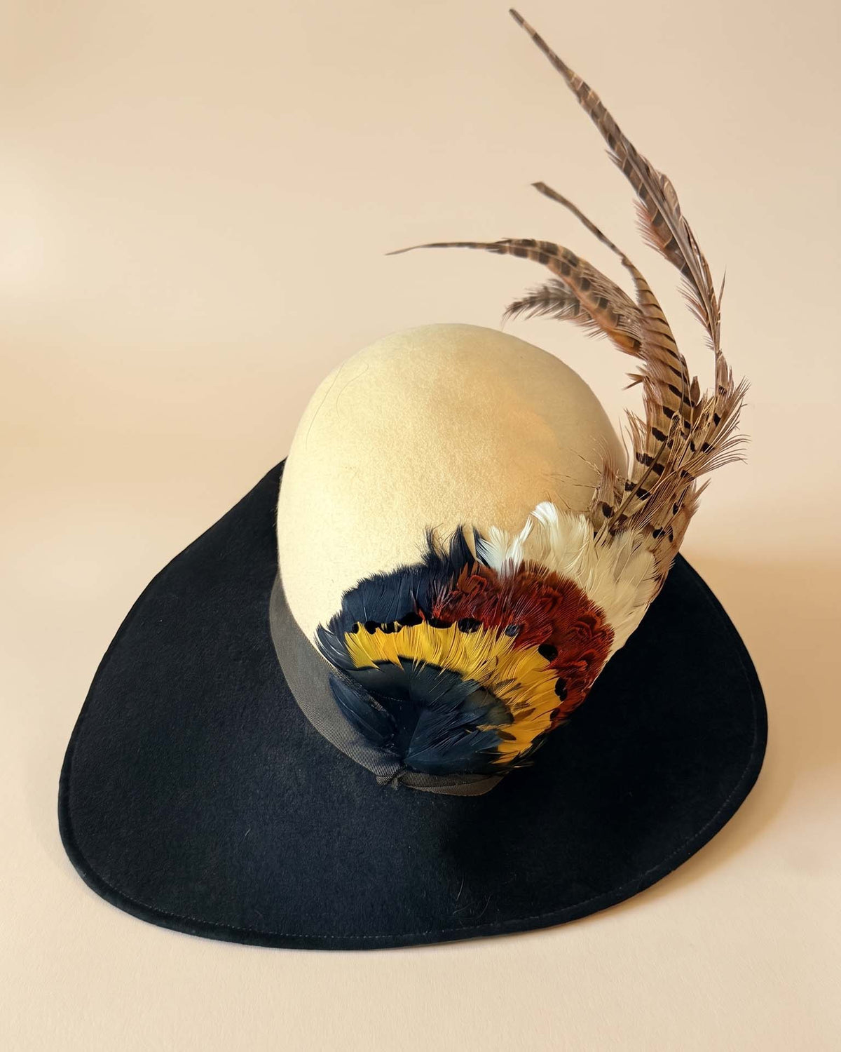 Vintage 1960s Mr Charles Black Wool Felt Wide Brim Hat Pheasant Feather Trim Designer Women's Statement Millinery