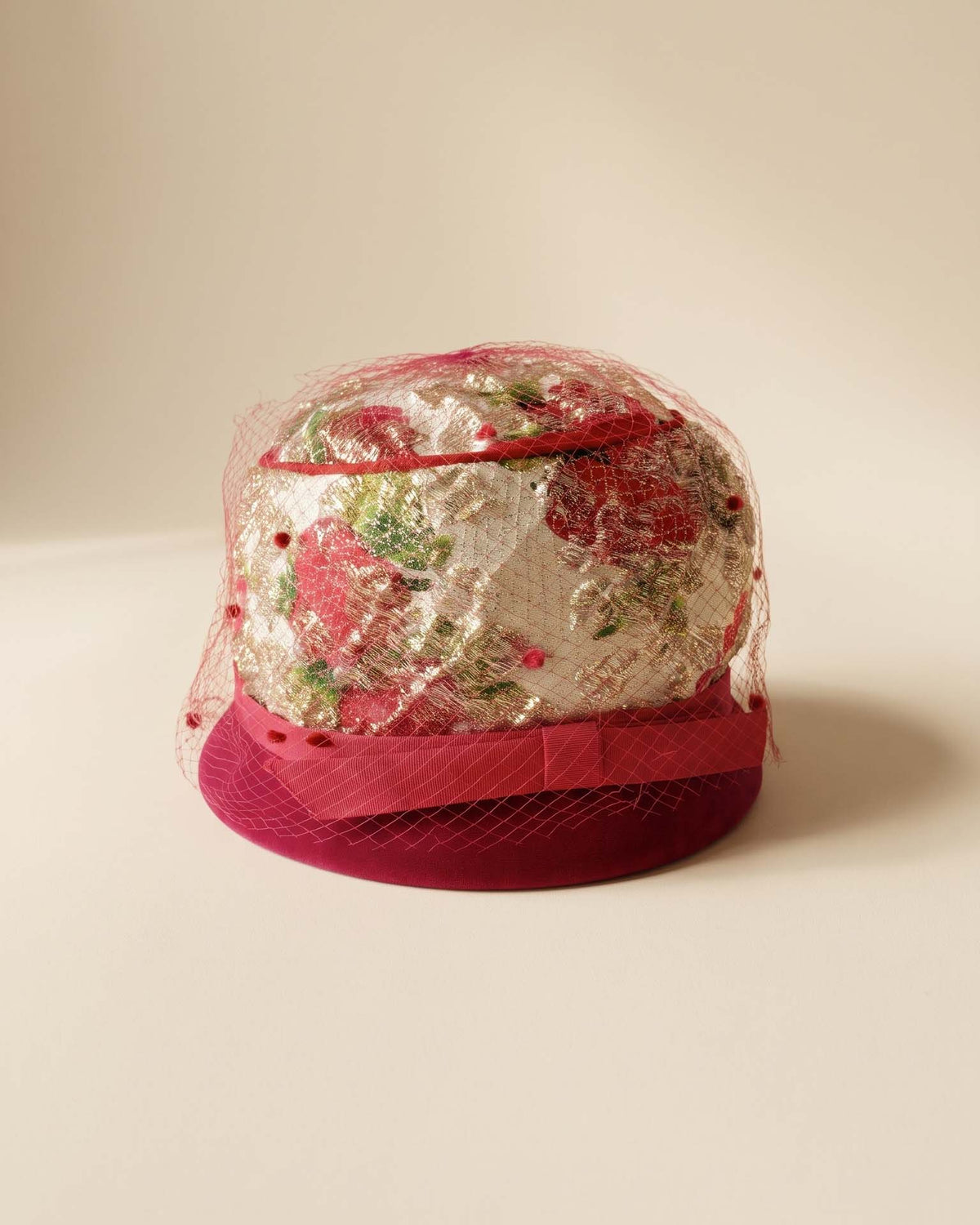 Vintage 1960s Hot Pink Velvet Hat Metallic Gold Floral Brocade Rose Print Red Veil Women's Mod Pillbox Cloche Union Made