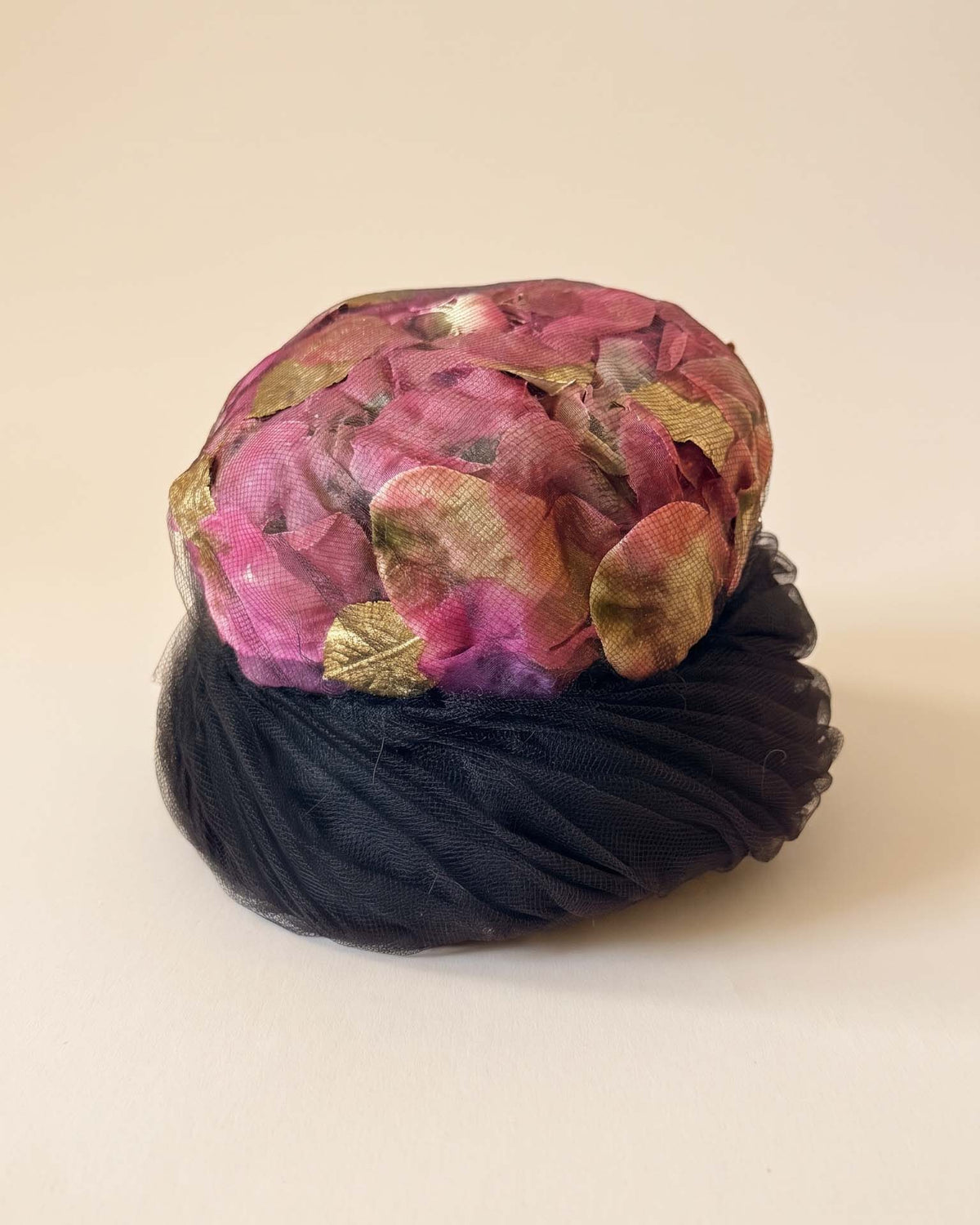 Vintage 1950s Black Tulle Cocktail Hat Pink Mauve Gold Floral Petal Crown Draped Net Women's Mid Century Millinery