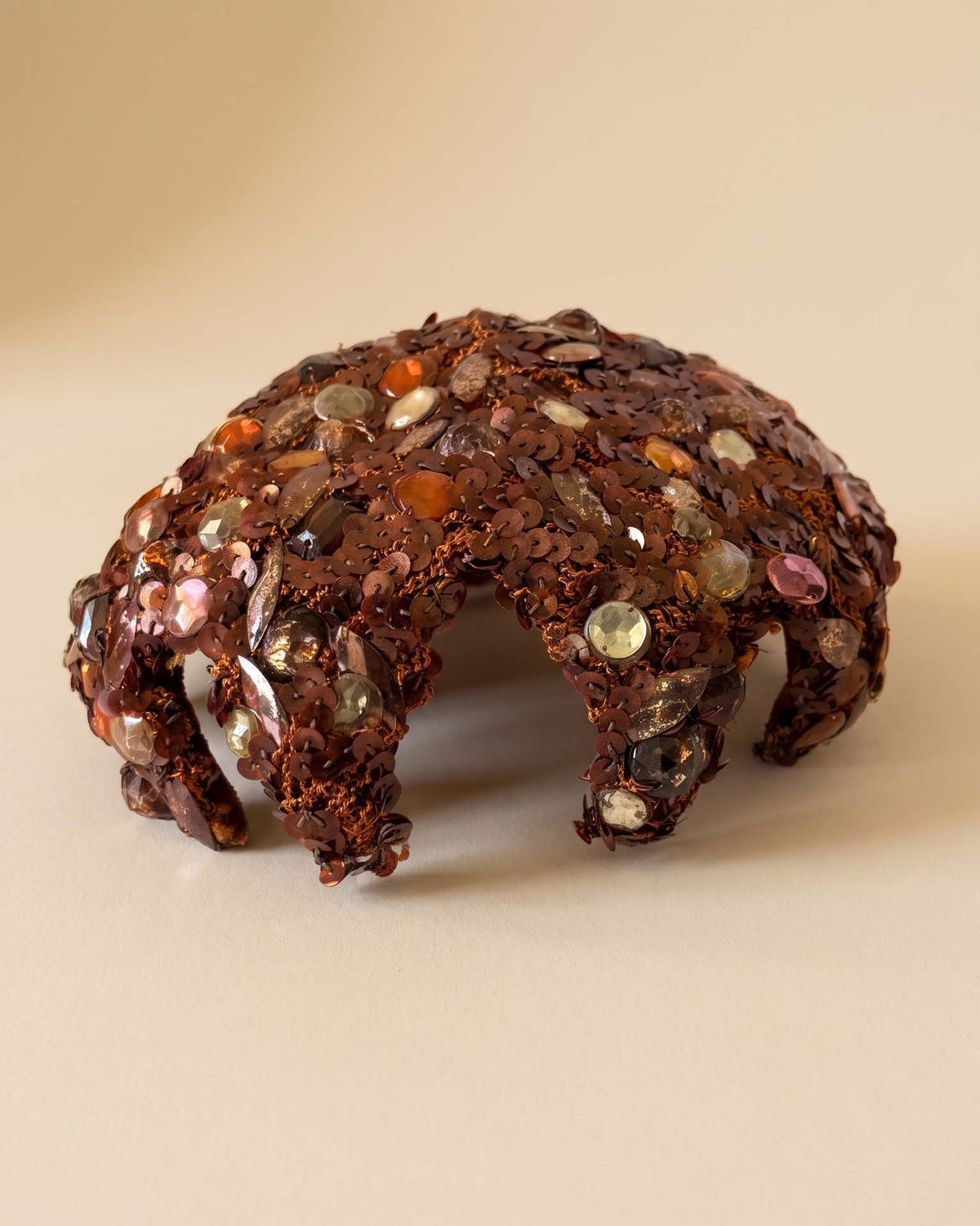 Vintage 1950s Gimbels Pittsburgh Brown Sequin Rhinestone Cocktail Hat Jeweled Crown Cap Women's Mid Century Millinery