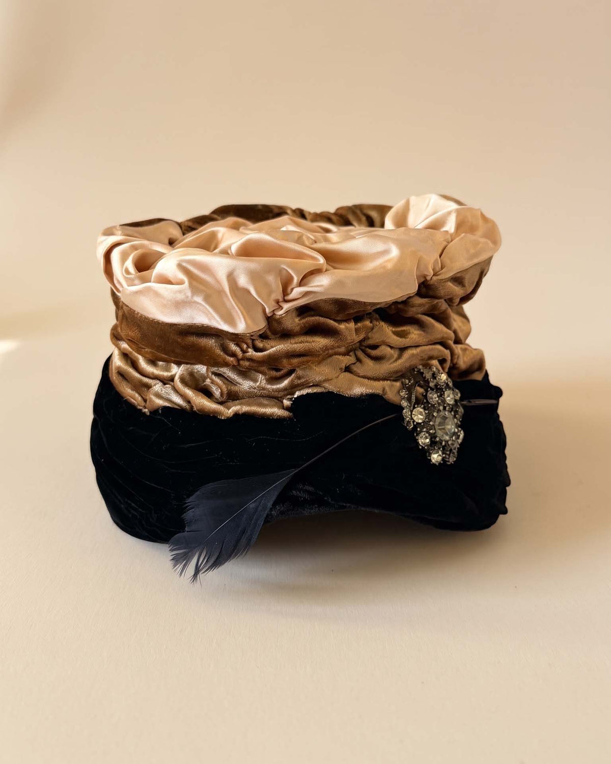 Vintage 1940s Hanna Chapeaux Pittsburgh Black Velvet Hat Champagne Satin Ruched Crown Rhinestone Brooch Feather Trim Millinery