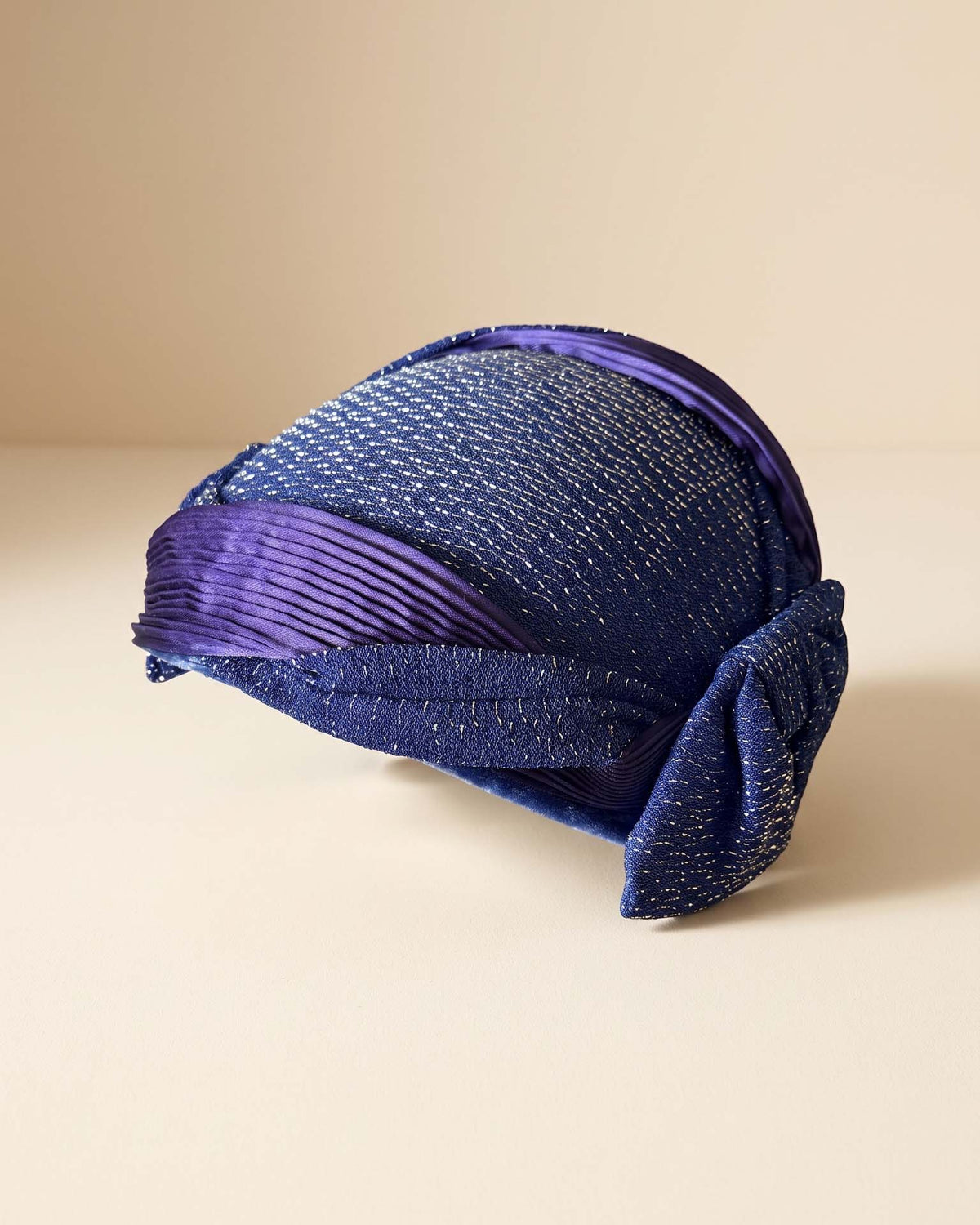 Vintage 1950s Royal Blue Purple Half Hat Metallic Woven Fabric Pleated Satin Bow Women's Mid Century Cocktail Millinery