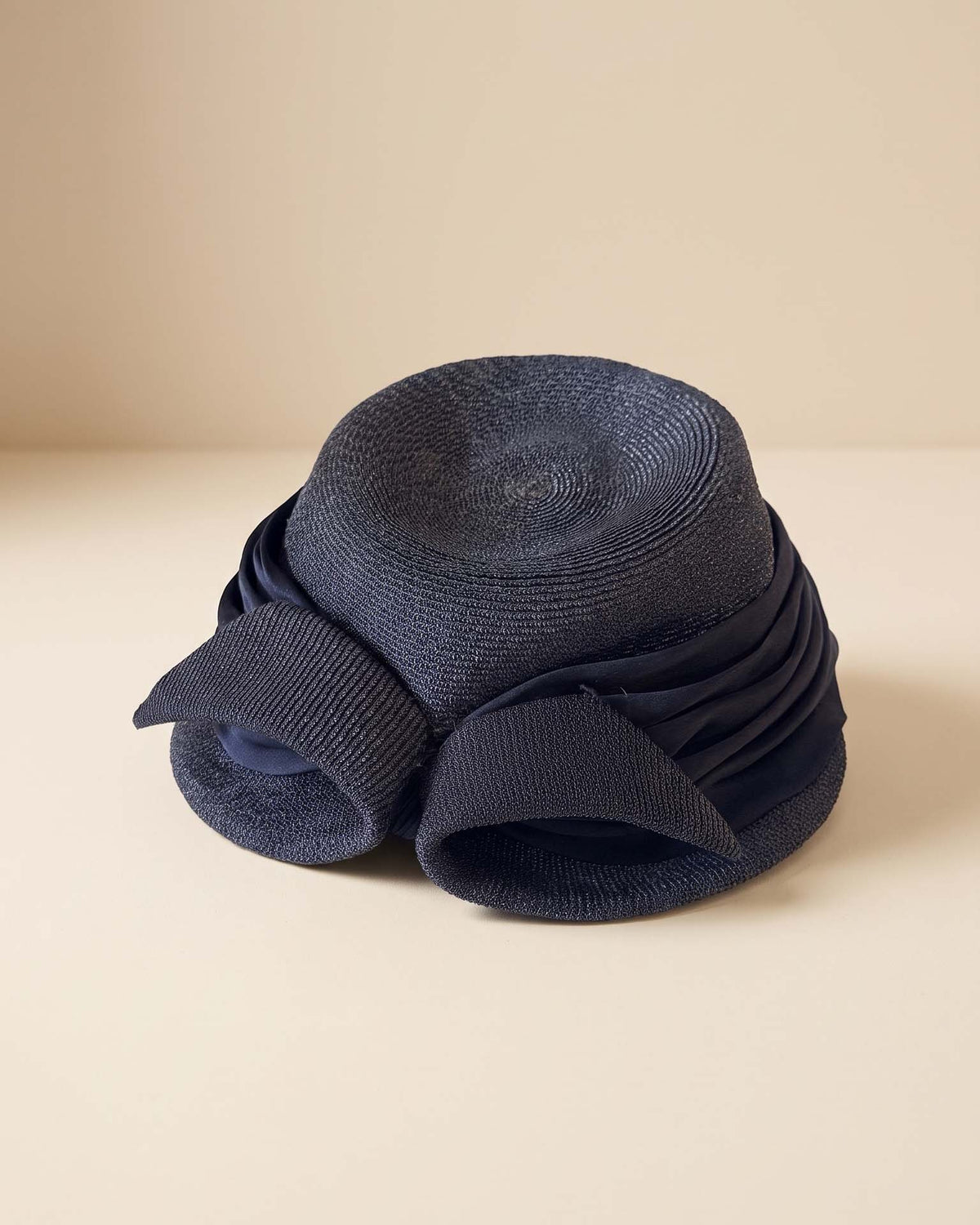 Vintage 1940s Navy Blue Woven Straw Pillbox Hat Sculptural Double Bow Pleated Satin Women's WWII Era Millinery
