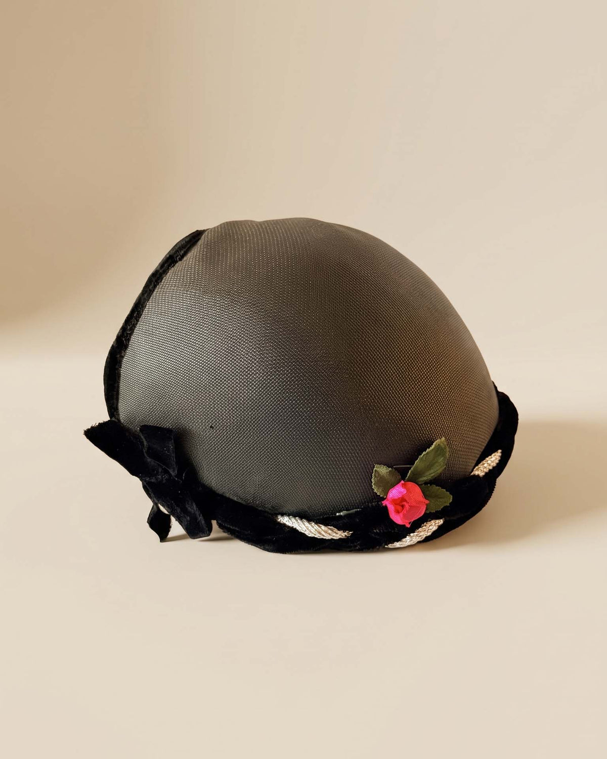 Vintage 1940s Black Straw Half Hat Black Velvet Silver Braid Red Rose Trim Women's WWII Era Vintage Millinery