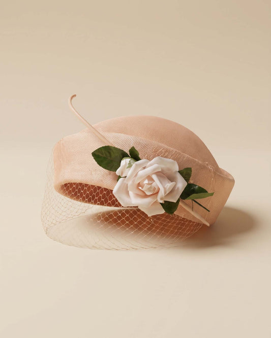 Vintage 1950s Blush Pink Half Hat White Rose Veil Green Leaves Women's Bridal Wedding Cocktail Mid Century Millinery