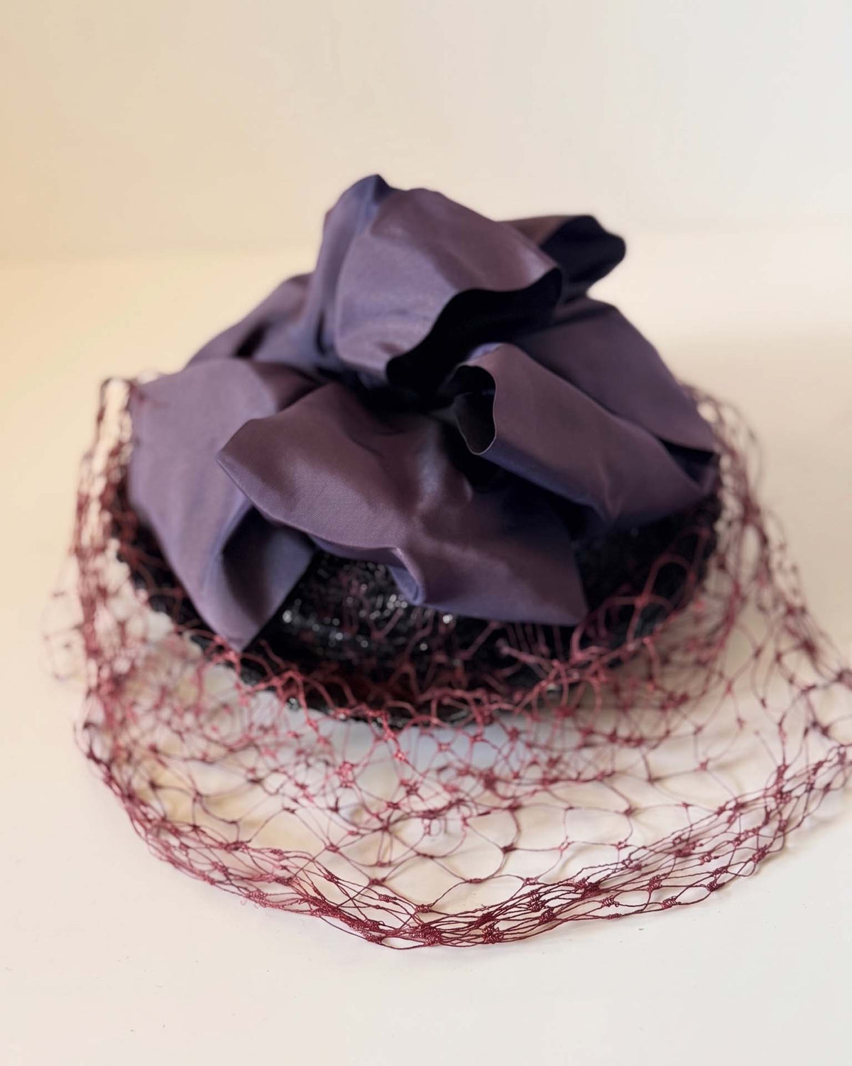 Vintage 1940s Black Straw Cocktail Hat Burgundy Face Veil Satin Bow Women's WWII Era Mid Century Millinery