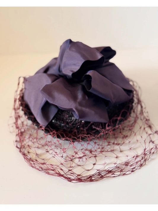 Vintage 1940s Black Straw Cocktail Hat Burgundy Face Veil Satin Bow Women's WWII Era Mid Century Millinery