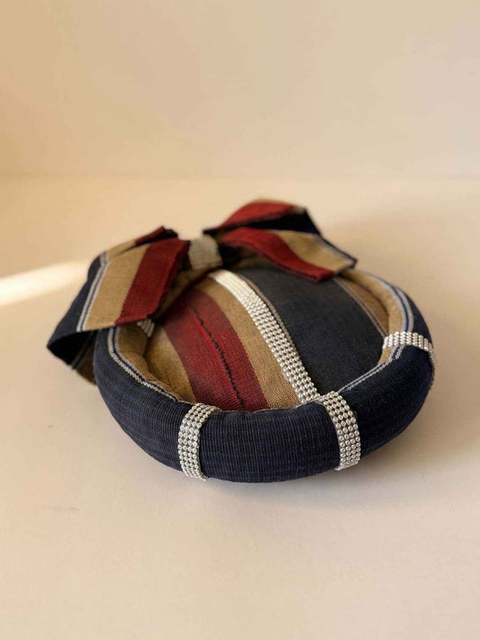 Vintage 1980s Handmade Costume Hat Navy Red Tan Striped Rhinestone Trim Oversized Bow Theatrical Fascinator Headpiece
