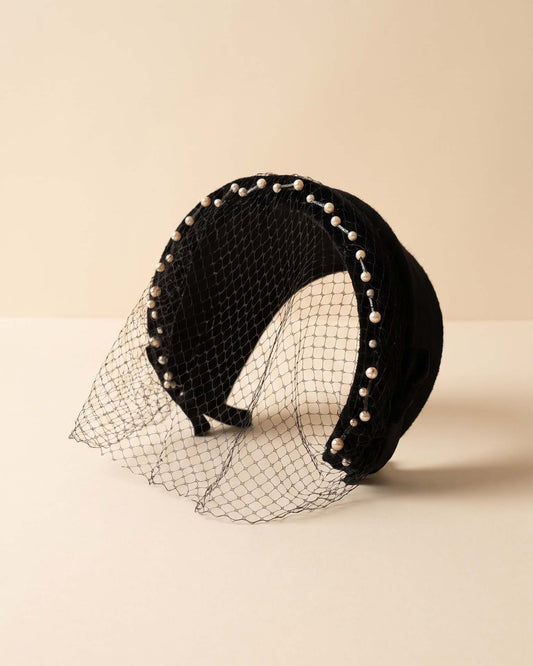 Vintage 1940s Black Velvet Half Hat Pearl Beaded Trim Face Veil Bow Women's Cocktail Evening Bridal Millinery