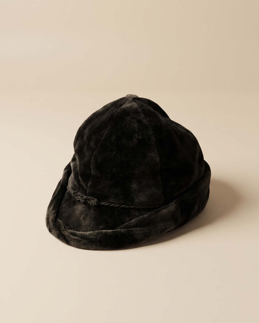Antique 1930s Dark Brown Black Velvet Hat Paneled Crown Rolled Brim Braided Cord Women's Art Deco Vintage Millinery