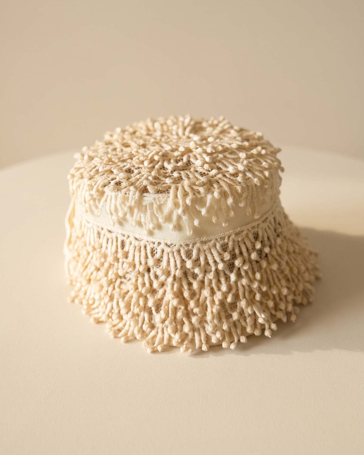 Vintage 1960s Ivory Cream Fringe Bucket Hat Textured Loop Trim Mod Bridal Wedding Women's Mid Century Millinery